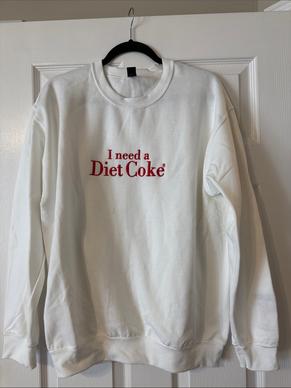 Gildan White Crewneck Sweatshirt with Red "I need a Diet Coke" Graphic